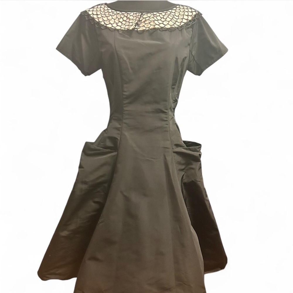 Women's Black Fit-and-Flare Dress with Decorative Yoke and Oversized Pockets